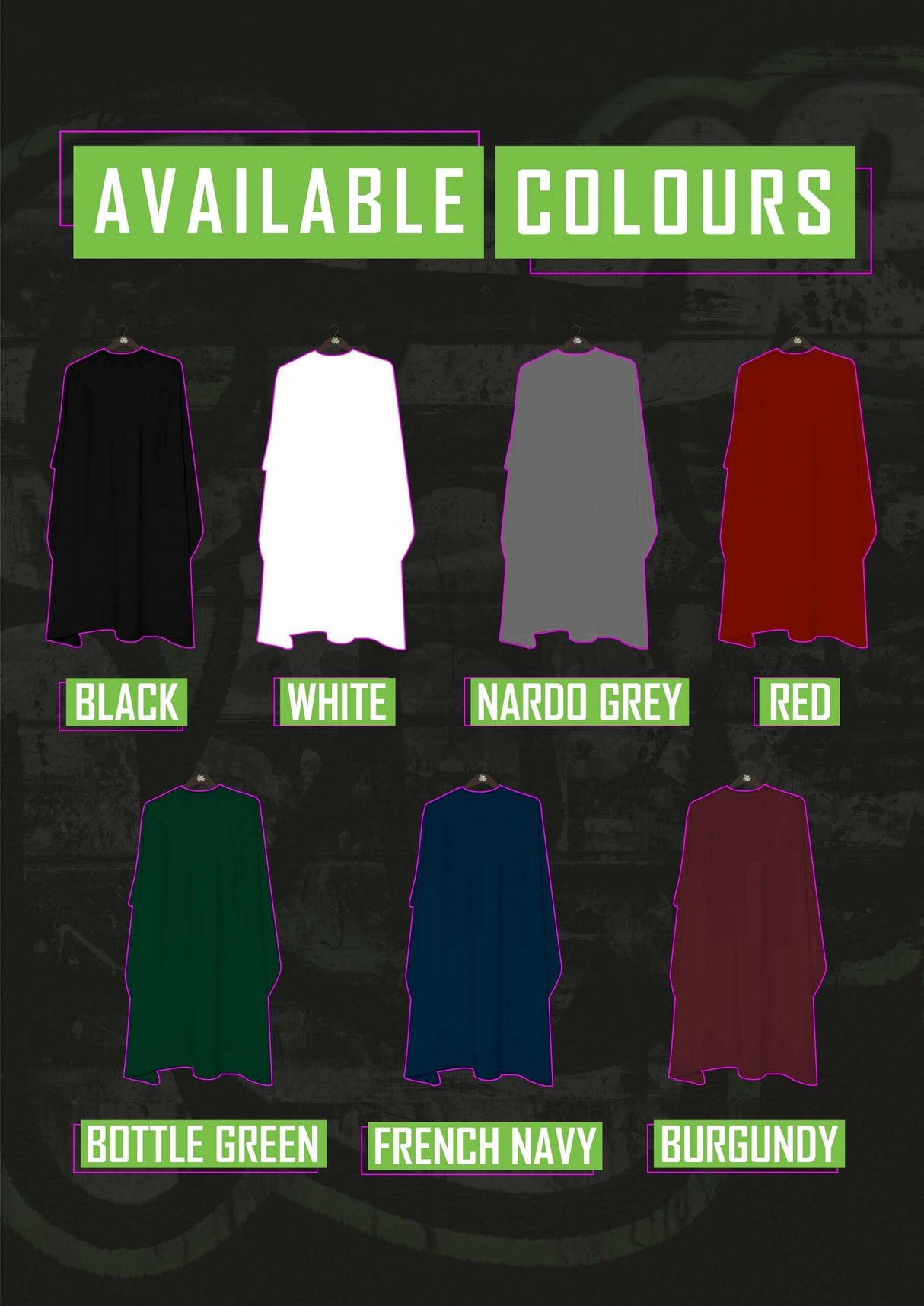 CAPE KINGS PREMIUM CAPES different type of colours to choose from for your custom logo cape. Black, White, Grey, Red, Green, French Navy & Burguny