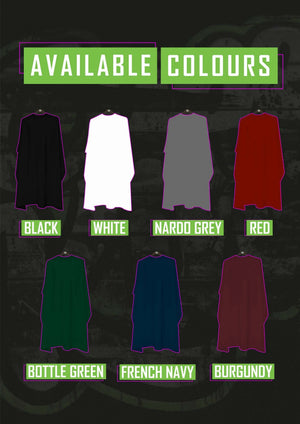 CAPE KINGS PREMIUM CAPES different type of colours to choose from for your custom logo cape. Black, White, Grey, Red, Green, French Navy & Burguny